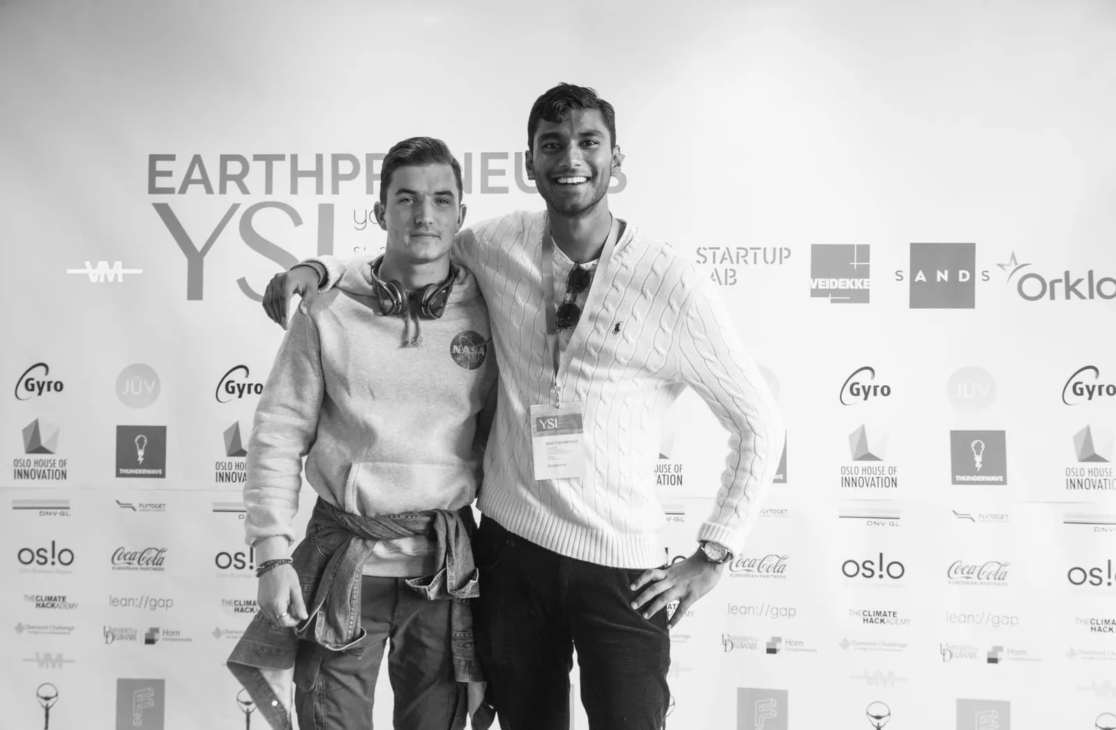 Me and a friend at a startup event, in black and white